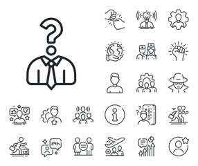 Poster - Question sign. Specialist, doctor and job competition outline icons. Business head hunting line icon. Human resources symbol. Hiring employees line sign. Avatar placeholder, spy headshot icon. Vector