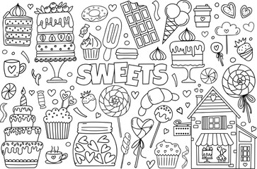  Hand-Drawn Vector Doodle Set Features A Stress-Relief Coloring Page Theme Of Sweets, Including An Array Of Cakes, Candies, Cupcakes, Ice Cream, And More, Making It A Cute Coloring Book