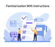 Familiarization With Instructions concept. Employees interact with a checklist, ensuring all tasks and guidelines are acknowledged. Calendar and chat bubbles accentuate the process. Flat vector.