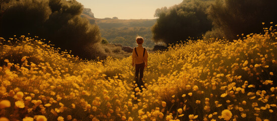 Wall Mural - Rear view of young boy walking in flower field