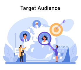 Wall Mural - Target Audience concept. A strategic focus on customer demographics, with detailed segmentation and precise market targeting strategies. Engaging global audience insights. Flat vector illustration