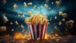 Bucket of cinema popcorn in a red and white box with exploding popcorn pieces. Movie time theme concept