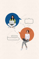 Aufkleber - Vertical collage poster banner two young woman sitting text messages communicate correspondence dialog laptop pc white background