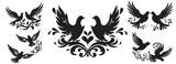 Fototapeta  - Doves in love with hearts, set of wedding decorative pigeon birds, black and white vector graphics