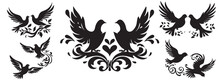 Doves In Love With Hearts, Set Of Wedding Decorative Pigeon Birds, Black And White Vector Graphics
