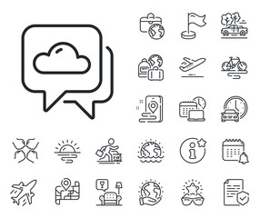 Poster - Clouds sign. Plane jet, travel map and baggage claim outline icons. Weather forecast line icon. Cloudy sky symbol. Weather forecast line sign. Car rental, taxi transport icon. Place location. Vector