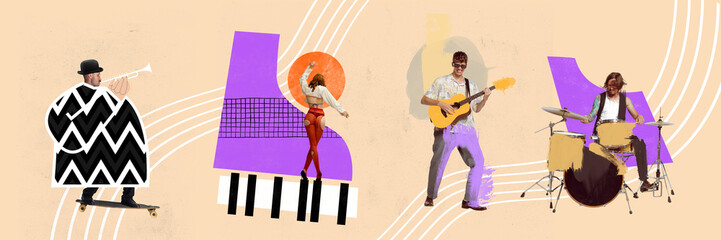 Sticker - Banner. Contemporary art collage. Talented people, man and woman playing on musical instruments piano, drums, guitar and trumpet.