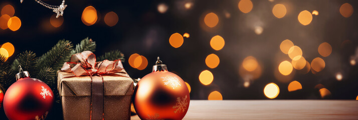 Wall Mural - Christmas banner. Background Xmas design with festive gift boxes and Christmas balls. Horizontal Christmas header with golden bokeh.