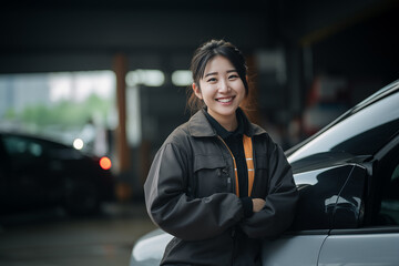 Wall Mural - Young pretty Chinese woman at outdoors in mechanic uniform