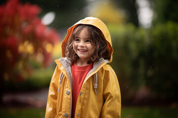 Cute little caucasian girl at outdoors wearing a rainproof coat