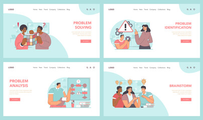 Poster - Problem-solving stages set. Beginning stages of processing complicated situation. Pinpointing issues, dissecting complexities, and ideating solutions. Navigating thought processes. Flat vector