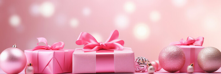 Wall Mural - Pink Christmas background with festive gift boxes and Christmas balls. Holiday pink Christmas and New Year backdrop with copy space.