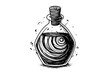 Magic bottle with potion hand drawn ink sketch. Engraved style vector illustration.