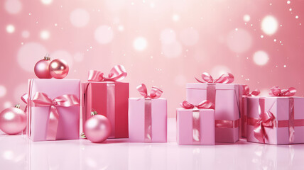 Wall Mural - A festive background with pink Christmas balls and gift boxes on a pink background. A Bright and shiny holiday pink Christmas and New Year backdrop with copy space.