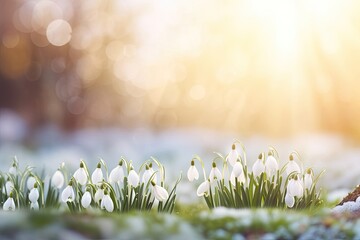 garden with snowdrop flowers with blurred background with bokeh sunshine and copy space