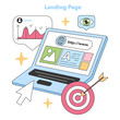 Laptop showcases vibrant landing page, drawing the visitor's eye with charts and user metrics, aiming for a precise target. Flat vector illustration