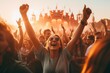 © Tanu - Cheering people in Music Festival, Live, rock concert, festival night club crowd cheering, stage lights and confetti falling. Cheering crowd in lights Ai generated
