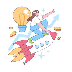 Innovation Journey concept. Energetic woman riding a rocket, guiding it toward success with a giant light bulb illuminating her path, surrounded by soaring coins and rising graphs. vector illustration