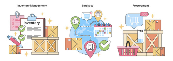 Poster - Core supply chain operations set. Detailed inventory checks, global logistics tracking, and streamlined procurement systems. Essential components for effective supply chain management.