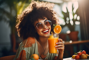 Young black and caucasian woman having good time, drinking fresh juices and having healthy breakfast in the cafe