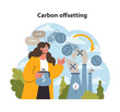 Woman investing in carbon offsetting, funding eco projects to balance emissions from factories. Environment-conscious financial move. Flat vector illustration.