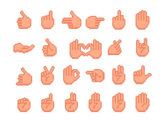 Poster - 8 bit pixel art hand icons, pixel hands gestures icons set. Game art isolated vector illustration.