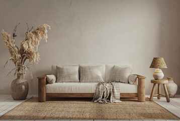 Wall Mural - Wabi sabi style interior with copy space on the limewash wall background. Wall mockup, 3d rendering 
