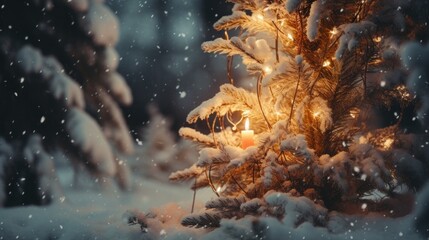 Poster - A christmas tree is lit up in the snow