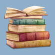 illustration d'une pile de livre dans un style dessin aquarelle isolé sur fond bleu