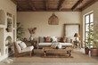 © Василь Чейпеш - Warm wabi sabi style interior with clay niche, beige walls and ethnic home decor. Wall mockup, 3d rendering