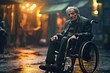 An old man is sitting in a wheelchair on a raining city ,Elderly man in a wheelchair on the background of the city, AI Generated