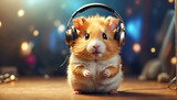 Fototapeta  - Cute cartoon hamster in headphones