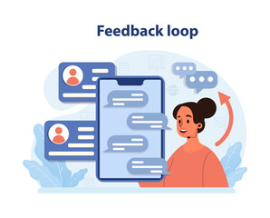 Confident woman manages an interactive feedback loop on her digital device, enhancing communication and refining user experience. Continuous improvement cycle. Flat vector illustration.