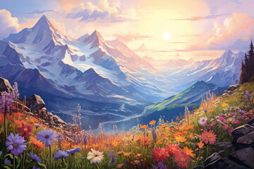 Wall Mural - landscape with flowers and mountains