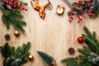 © 9dreamstudio - Banner with Christmas tree branches and New Year decoration, layout top view