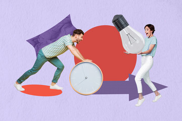 Poster - Creative poster collage of funny teamwork hold electric bulb clock time management bizarre unusual fantasy billboard comics