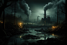 A Haunting Industrial Nocturnal Scene With Smokestacks Emitting Pollution Over A Desolate Landscape With A Reflective Creek.