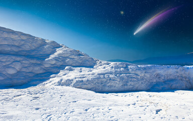 Wall Mural - fantastic unreal image with giant colorful comet in dark starry sky over white pamukkale, turkey