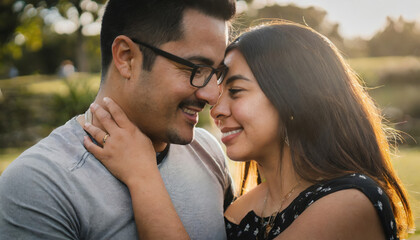 Wall Mural - Together in Love: Happy Young Couple Enjoying a Romantic Sunset in the Park