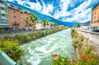 Town of Tirano and Adda river waterfront view, Province of Sondrio