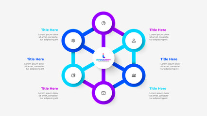 Hexagon abstract diagram with central circle and 6 circles around. Infographic template