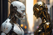 portrait of romantic couple human woman and male robot machine - futuristic love concept