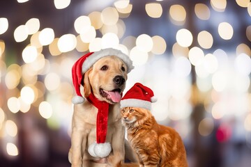 Wall Mural - Adorable dog and cute cat wearing a Santa Christmas hat.