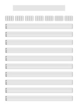 Blank Bass Guitar Or Ukulele (5 Strings) Tablature Sheet Template With Chords Blocks To Write Music. A4 Format In Portrait Mode With A Song Title And Artist Name Block At The Top