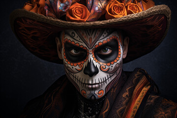 Wall Mural - Cinco de Mayo. Calavera: Abstract Mexican Skull Face Paint. An abstract banner featuring a hyper-realistic portrait in Mexican carnival style.