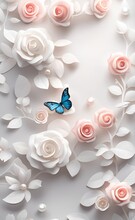 3d Mural Rose Flowers Wallpaper With Pearl And Butterfly. Light Simple Background, Generative AI