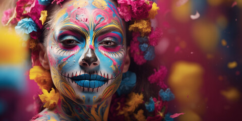 Wall Mural - Cinco de Mayo. Calavera: Abstract Mexican Skull Face Paint. An abstract banner featuring a portrait in Mexican carnival style.