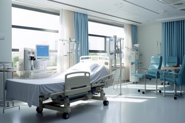 Wall Mural - Modern Hospital room with a bed, Comfortable medical Interior of an empty hospital bed and Recovery Room with bed Ai generated