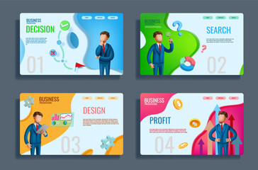 Poster - Business development landing page. Presentation infographic. Project banner. Corporate slide 3D design. People making decisions. Profit planning. Website template. Vector backgrounds set
