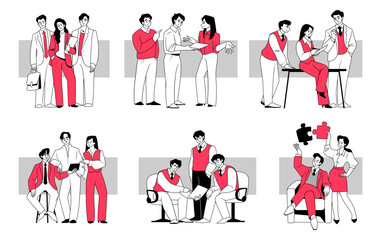 Poster - Work team. Business teamwork, office leadership, smart success graphic concept, corporate group. Men and women in suit in office speaking. Meeting or people collaboration. Vector outline design